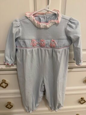 Petit Bebe Light Blue Smocked Ballet Romper